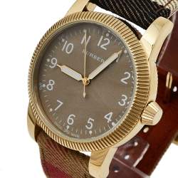 Pre Owned Burberry Beige Gold Tone Stainless Steel Leather Utilitarian BU7834 Men's Wristwatch 40 mm