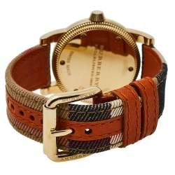 Pre Owned Burberry Beige Gold Tone Stainless Steel Leather Utilitarian BU7834 Men's Wristwatch 40 mm