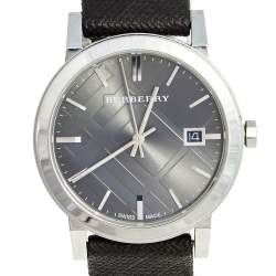 مملوكة مسبقًا ساعة يد رجالية بربري هيريتدج BU9024 جلد ستانلس ستيل رصاصي 38 مم