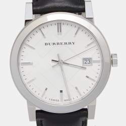 Pre Owned Burberry Silver Stainless Steel Leather The City BU9008 Men's Wristwatch 38 mm