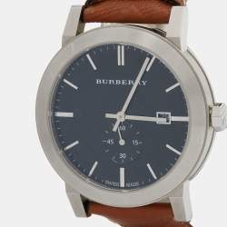 Pre Owned Burberry Black Stainless Steel Leather The City BU9905 Men's Wristwatch 42 mm