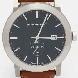 Pre Owned Burberry Black Stainless Steel Leather The City BU9905 Men's Wristwatch 42 mm