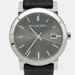 Pre Owned Burberry Grey Stainless Steel Leather Heritage BU9024 Men's Wristwatch 38 mm