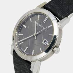Pre Owned Burberry Grey Stainless Steel Leather Heritage BU9024 Men's Wristwatch 38 mm