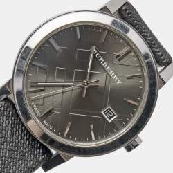 Pre Owned Burberry Grey Stainless Steel Leather Heritage BU9024 Men's Wristwatch 38 mm