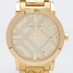 Pre Owned Burberry Gold Check Stamped Gold Plated Stainless Steel The City BU9038 Unisex Wristwatch 38 mm