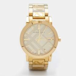 Pre Owned Burberry Gold Check Stamped Gold Plated Stainless Steel The City BU9038 Unisex Wristwatch 38 mm