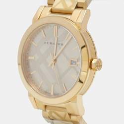 Pre Owned Burberry Gold Check Stamped Gold Plated Stainless Steel The City BU9038 Unisex Wristwatch 38 mm