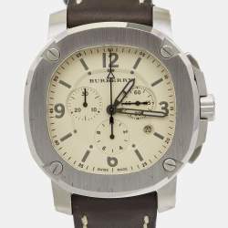 Pre Owned Burberry Beige Stainless Steel Calf Leather The Britain BBY1101 Men's Wristwatch 43.50 mm