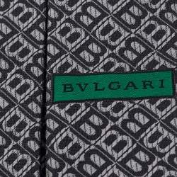 Pre Owned Bvlgari Grey Monogram Silk Jacquard Skinny Tie 