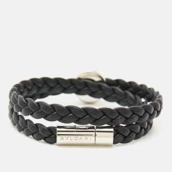 Bvlgari Bvlgari Man Braided Leather Enamel Palladium Plated Bracelet