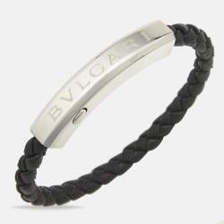 Pre Owned Bvlgari Bvlgari Black Braided Leather Sterling Silver 925 Bracelet