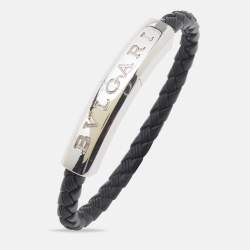 Pre Owned Bvlgari Bvlgari Man Leather Sterling Silver Bracelet