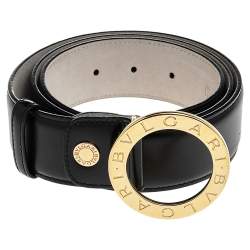 Pre Owned Bvlgari Black Leather Ring Buckle Belt 110CM