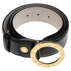 Pre Owned Bvlgari Black Leather Ring Buckle Belt 110CM