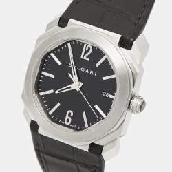 Pre Owned Bvlgari Black Stainless Steel Alligator Leather Octo BGO 38 S Men's Wristwatch 38 mm