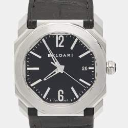 Pre Owned Bvlgari Black Stainless Steel Alligator Leather Octo BGO 38 S Men's Wristwatch 38 mm