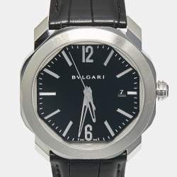 Pre Owned Bvlgari Black Stainless Steel Alligator Octo Roma 103084 Men's Wristwatch 41 mm 