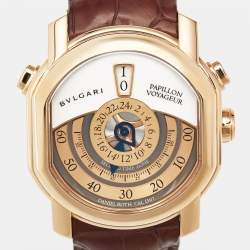 Pre Owned Bvlgari Daniel Roth Papillon Voyageur Limited Edition GMT 101835 White Dial 18K Rose Gold Alligator Leather Men's Wristwatch 43 mm