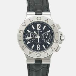 مملوكة مسبقًا Bvlgari Diagono DG40SCH Black Dial Stainless Steel Alligator Leather Men's Wristwatch 40 mm