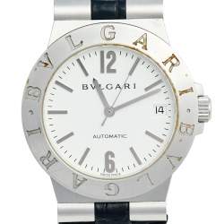 Bvlgari White 18K White Gold Alligator Leather Diagono Men's Wristwatch 35 mm