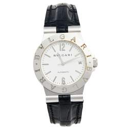 Bvlgari White 18K White Gold Alligator Leather Diagono Men's Wristwatch 35 mm