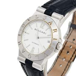 Bvlgari White 18K White Gold Alligator Leather Diagono Men's Wristwatch 35 mm
