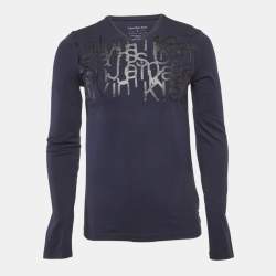 Pre Owned Calvin Klein Navy Blue Printed Jersey V-Neck T-Shirt S