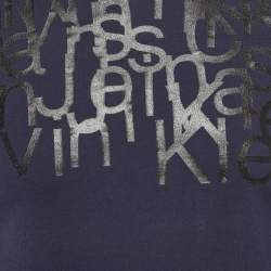 Pre Owned Calvin Klein Navy Blue Printed Jersey V-Neck T-Shirt S