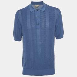 Pre Owned Canali Blue Cotton Cable Knit Polo T-Shirt XL