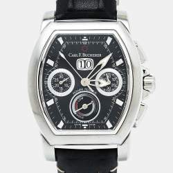 Pre Owned Carl F. Bucherer Black Stainless Steel Leather Patravi T-Graph 00.10615.08.33.01 Men's Wristwatch 39 mm