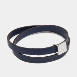 Pre Owned Carolina Herrera Blue Double Wrap Leather Silver Tone Bracelet