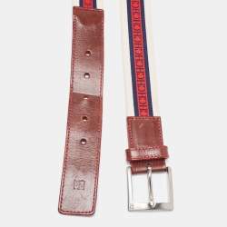 Pre Owned Carolina Herrera Burgundy/White Leather and Canvas Logo Buckle Belt 90CM