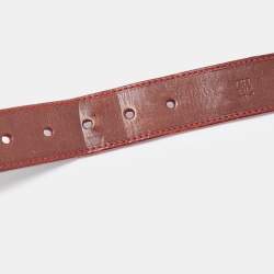 Pre Owned Carolina Herrera Burgundy/White Leather and Canvas Logo Buckle Belt 90CM