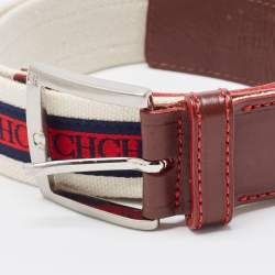 Pre Owned Carolina Herrera Burgundy/White Leather and Canvas Logo Buckle Belt 90CM