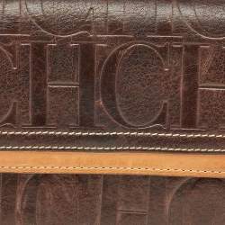 Carolina Herrera Brown Monogram Embossed Leather Trifold Wallet