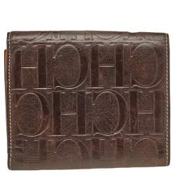 Carolina Herrera Brown Monogram Embossed Leather Trifold Wallet