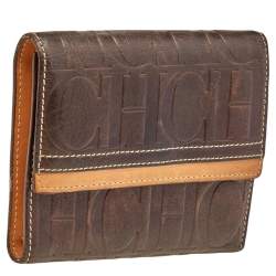 Carolina Herrera Brown Monogram Embossed Leather Trifold Wallet