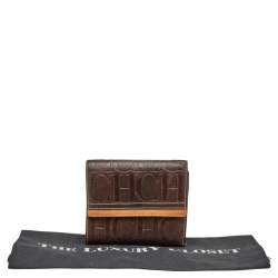 Carolina Herrera Brown Monogram Embossed Leather Trifold Wallet