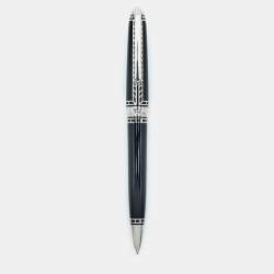 Pre Owned Cartier Limited Edition Railroad Decor Black Enamel Silver Tone Ball Point Pen