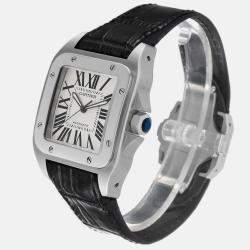 Cartier Santos 100 Silver Dial Black Strap Steel Men's Watch 38.0 mm