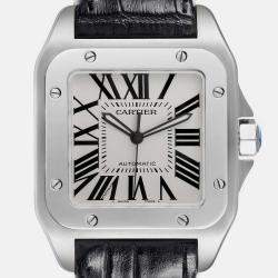 Cartier Santos 100 Silver Dial Black Strap Steel Men's Watch 38.0 mm