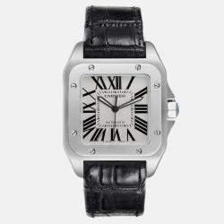 Cartier Santos 100 Silver Dial Black Strap Steel Men's Watch 38.0 mm