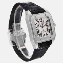 Cartier Santos 100 Silver Dial Black Strap Steel Men's Watch 38.0 mm