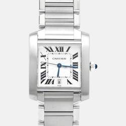 مملوكة مسبقًا Cartier Opaline White Stainless Steel Tank Francaise W51002Q3 Unisex Wristwatch 28 mm