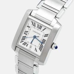 مملوكة مسبقًا Cartier Opaline White Stainless Steel Tank Francaise W51002Q3 Unisex Wristwatch 28 mm