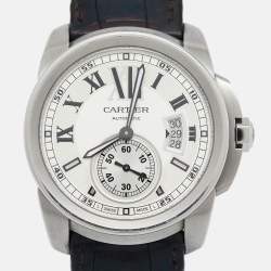 Pre Owned Cartier Silver Stainless Steel Alligator Leather Calibre De Cartier W7100037 Men's Wristwatch 42 mm