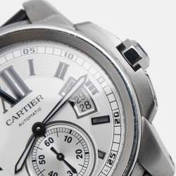 Pre Owned Cartier Silver Stainless Steel Alligator Leather Calibre De Cartier W7100037 Men's Wristwatch 42 mm