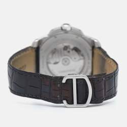 Pre Owned Cartier Silver Stainless Steel Alligator Leather Calibre De Cartier W7100037 Men's Wristwatch 42 mm