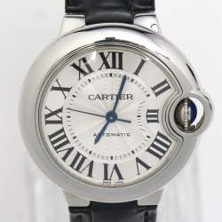 Cartier Silver Stainless Steel Alligator Leather Ballon Bleu 3489 Women's Wristwatch 33 mm